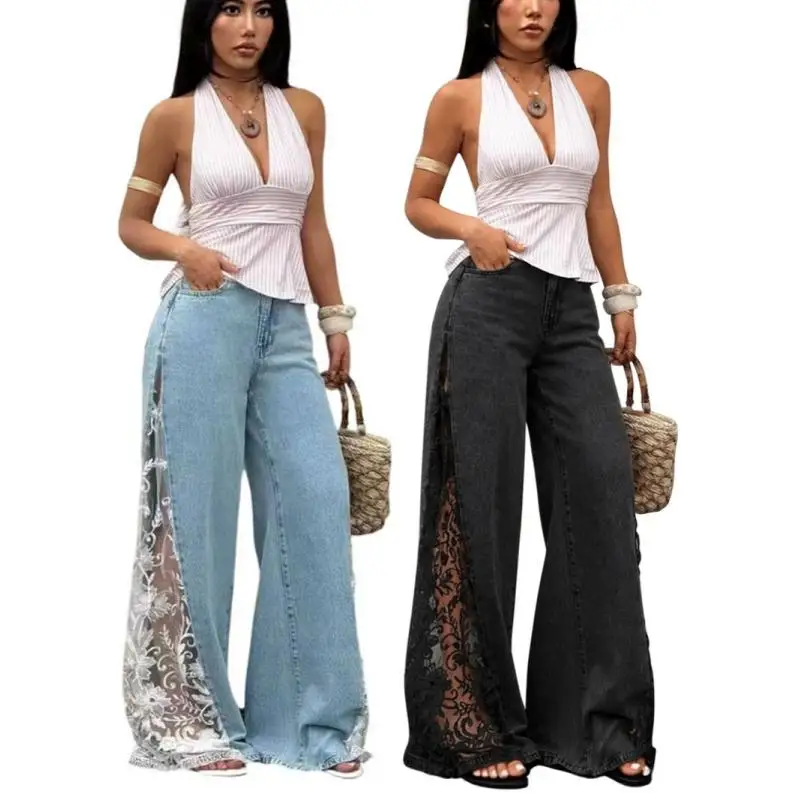 Women High Waist Wide Leg Jeans Side Lace Floral Embroidery Sheer Patchwork Flared Denim Pants Casual Trousers
