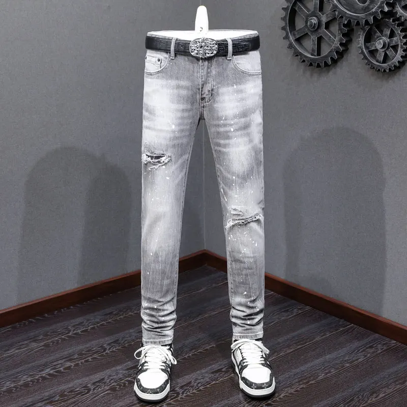 High Street Fashion Men's Split Jeans Vintage Water White Gray Elastic Tight Vintage Jeans Men's Colored Designer Hip Hop Brand