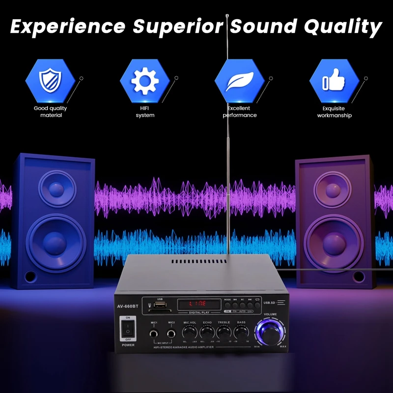 AV-660BT Bluetooth Sound Amplifier - Power Amplifier Support Bluetooth, FM Radio, USB, SD Card & Dual Mic Inputs