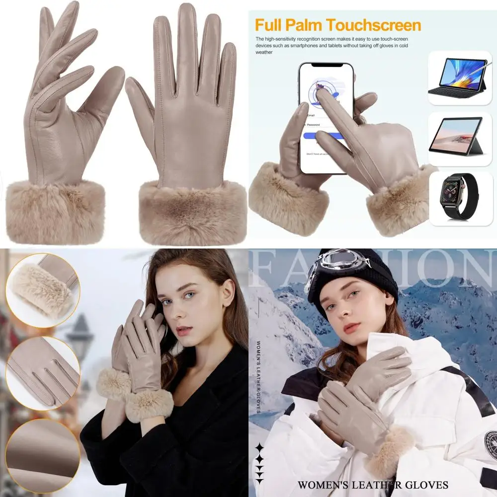 

Women's Rabbit Fur Cuff Leather Gloves with Touchscreen Function for Warm Winter Driving and Multicolor Options