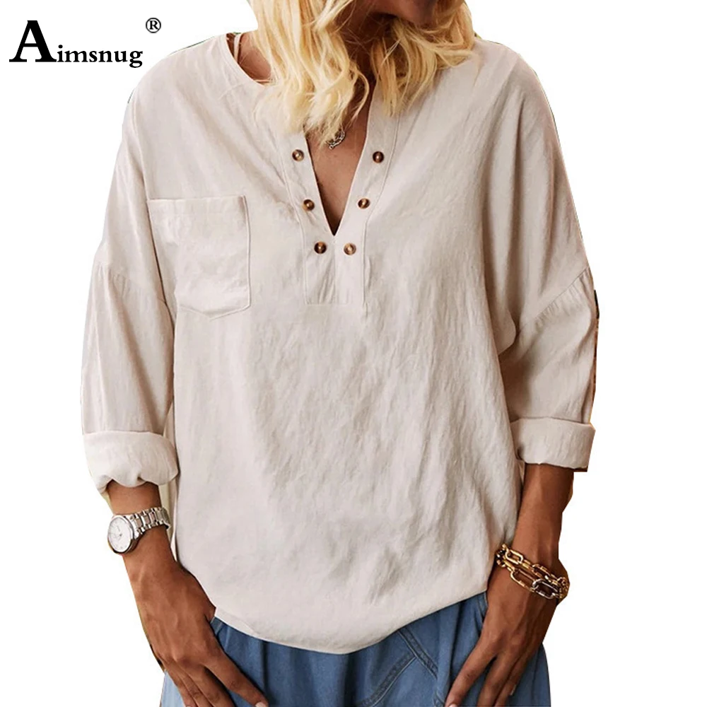 

Women Latest Casual Linen Shirt Loose V-neck Blouse Long Sleeves Basic Top Womens Elegant blusas Tunic Clothing Plus Size S-3XL