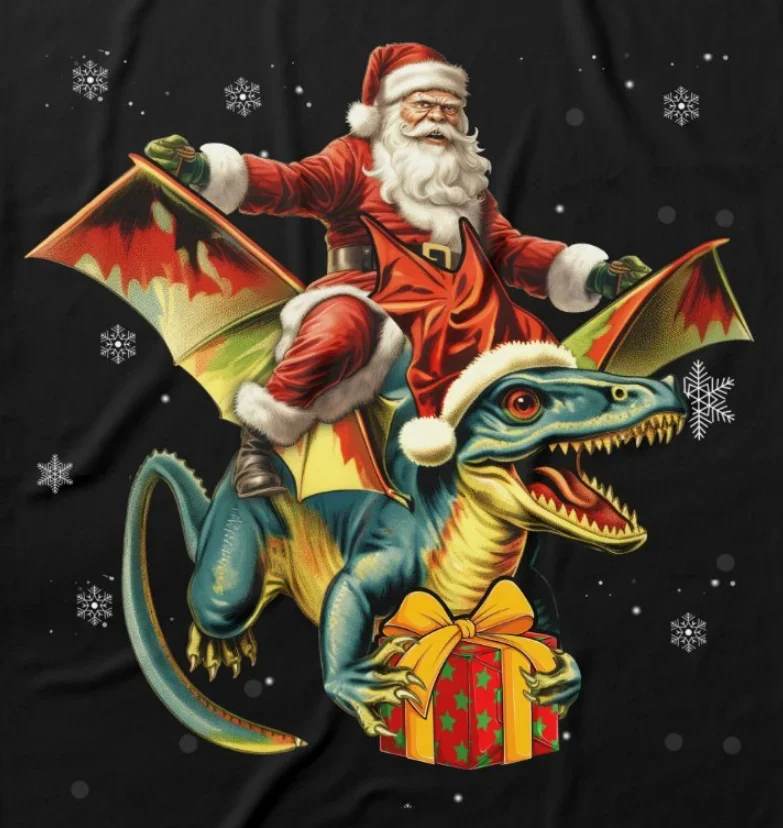 

Christmas Prehis Santa Claus Riding Pterosaur Dinosaur Xmas Gift T-Shirt New 100% Cotton O-Neck Short Sleeve Casual Mens T-shirt