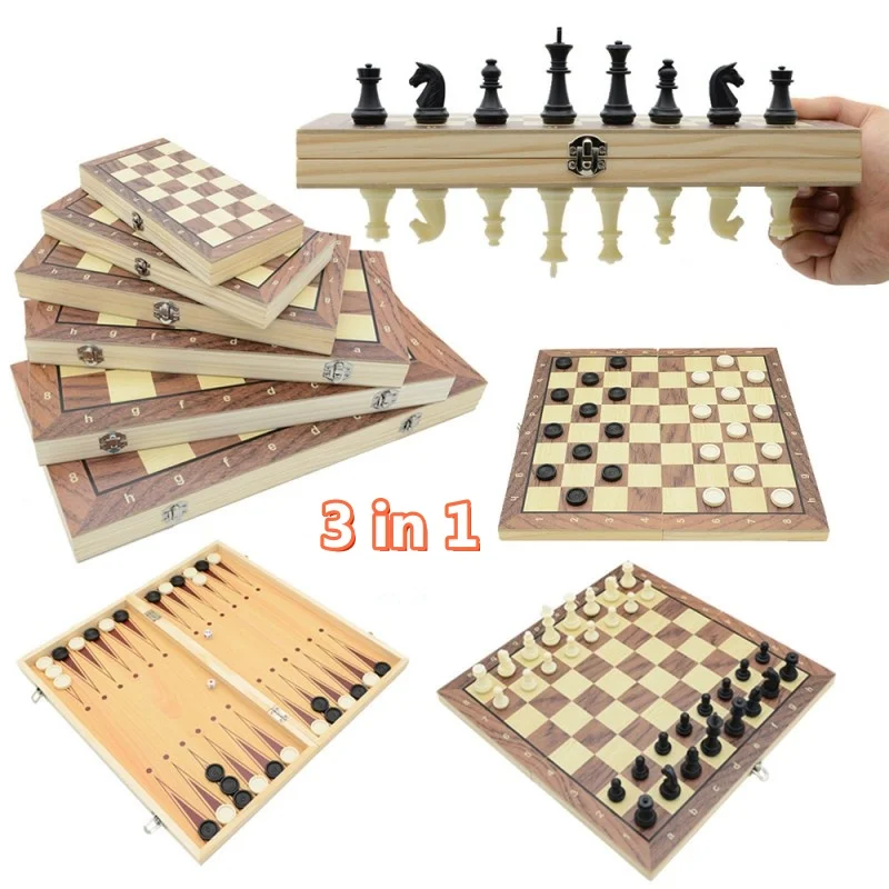

New 3 in 1 Wooden Checkers Party Travel Games Backgammon Chess Set Wooden Board With Portable Folding Chessboard