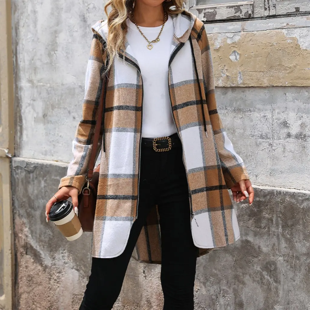 

Women's Plaid Cardigan Top Loose Casual Zipper Hooded Jacket 2025 New Popular Export from Amazon European And American Fashion