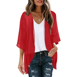 Blusa de gasa con manga abullonada para mujer, cárdigan holgado, Tops informales de manga larga, Tops finos de talla grande para verano