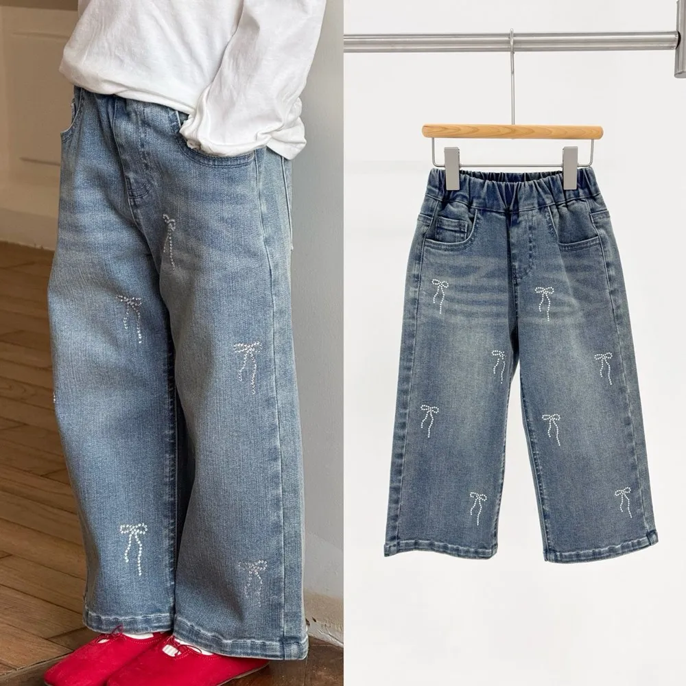

Autumn baby girl clothes kids pants Soft girls' jeans Bow Tie Diamond trousers Casual straight leg jeans