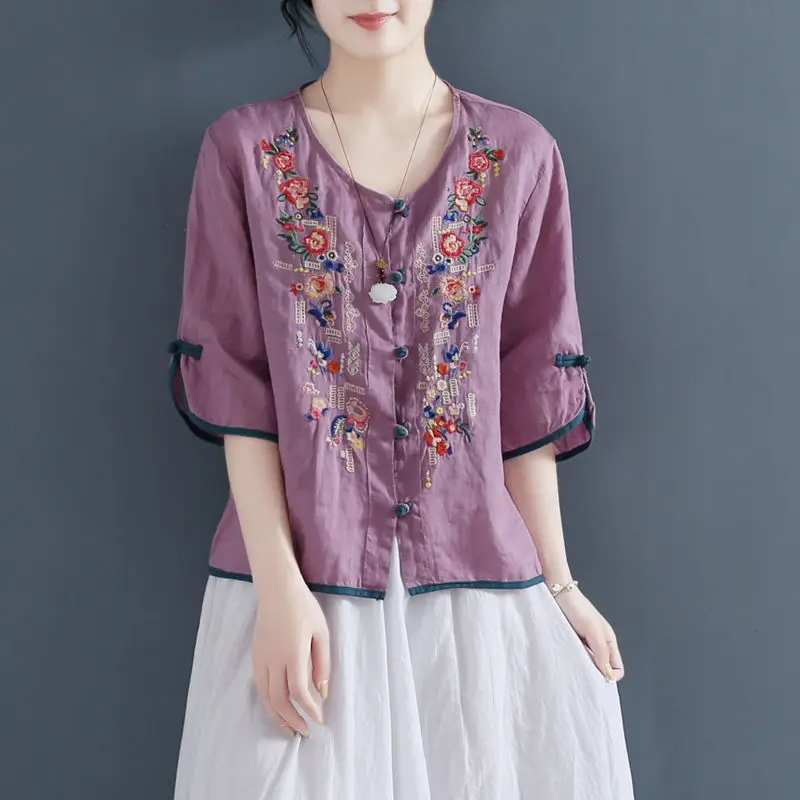 Summer Women Vintage Ethnic Style Embroidery Cotton Linen Button Shirts Female Casual V Neck Half Sleeve Loose Blouse Ropa Mujer