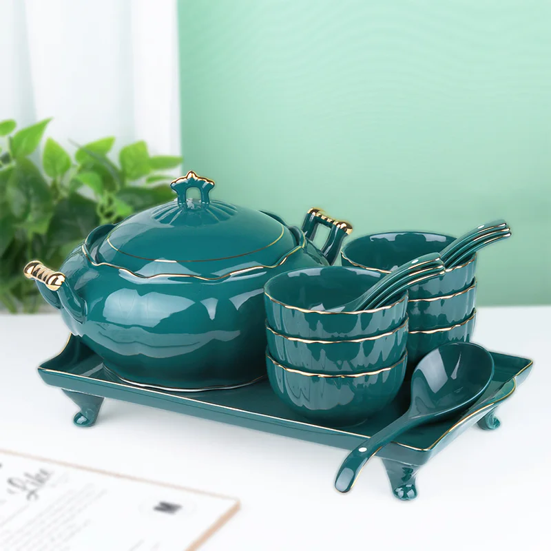 15pcs Ceramic Tableware Set Soup Pot Rice Bowl Small Spoon Tray Set Bone China Dinnerware Sets Home Restaurant Kitchen Supplies