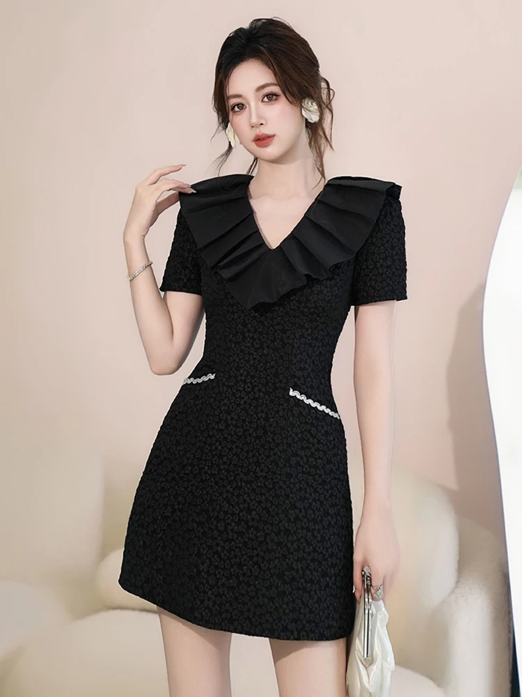 Frauen Kleidung Retro Jacquard Schwarz Rüschen V-ausschnitt Schlank A-Line Kurzes Kleid Elegante Dame Party Prom Vestido Casual Süße Sommer Neue