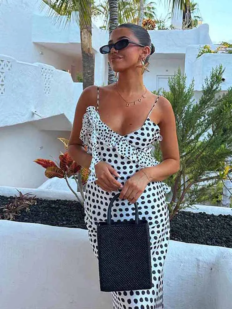 Sexy Backless Print Dots Flower Women Maxi Dress Spaghetti Strap Evening Dress Autumn Skinny Elegant Party Clubwear