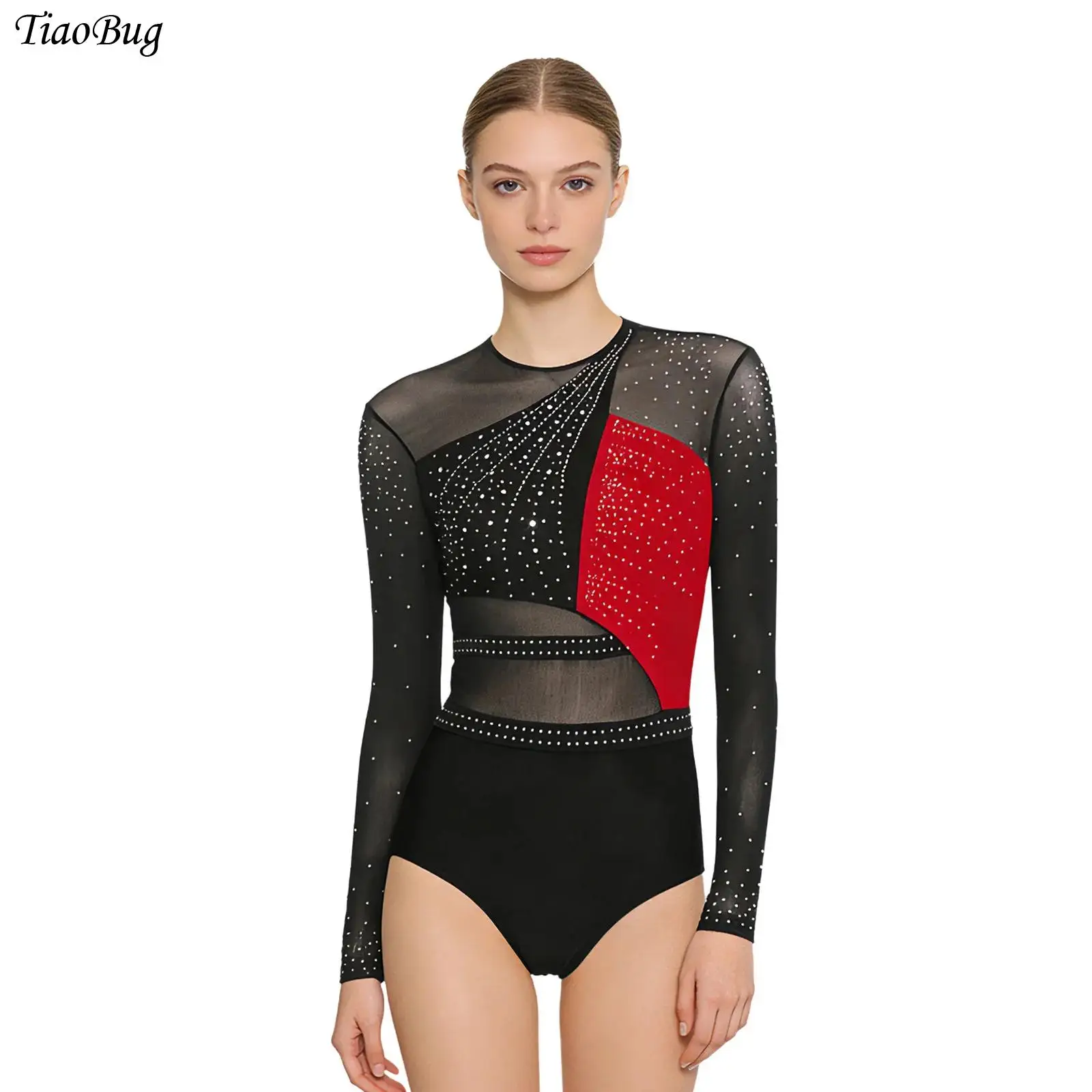 

Women Rhythmic Gymnastics Jumpsuit Rhinestone Ballet Dance Leotard Sheer Mesh Long Sleeve Color Block Skating Bodysuit Dancewear