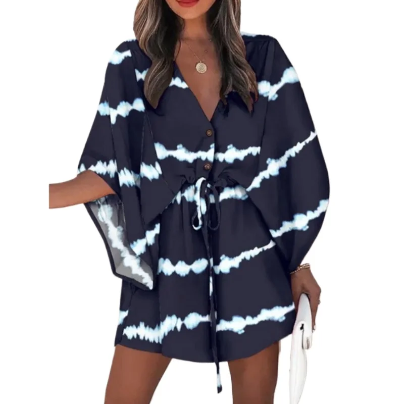 

Comfortable New Pajamas European American Foreign Trade Women's Large Size Loose Flying Sleeves V-neck Tie Printed Beach Dress