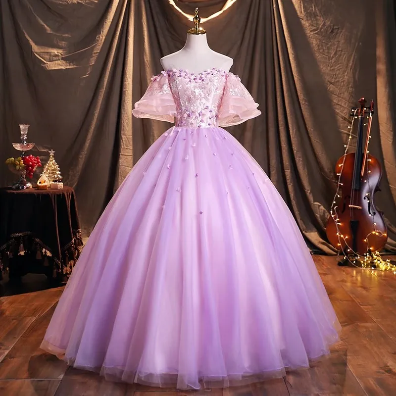 Customzied  Lilac Princess Girl Quinceanera Dresses Off Shoulder Puffy Long Sweet 15 Birthday Party Prom Formal Evening Dress