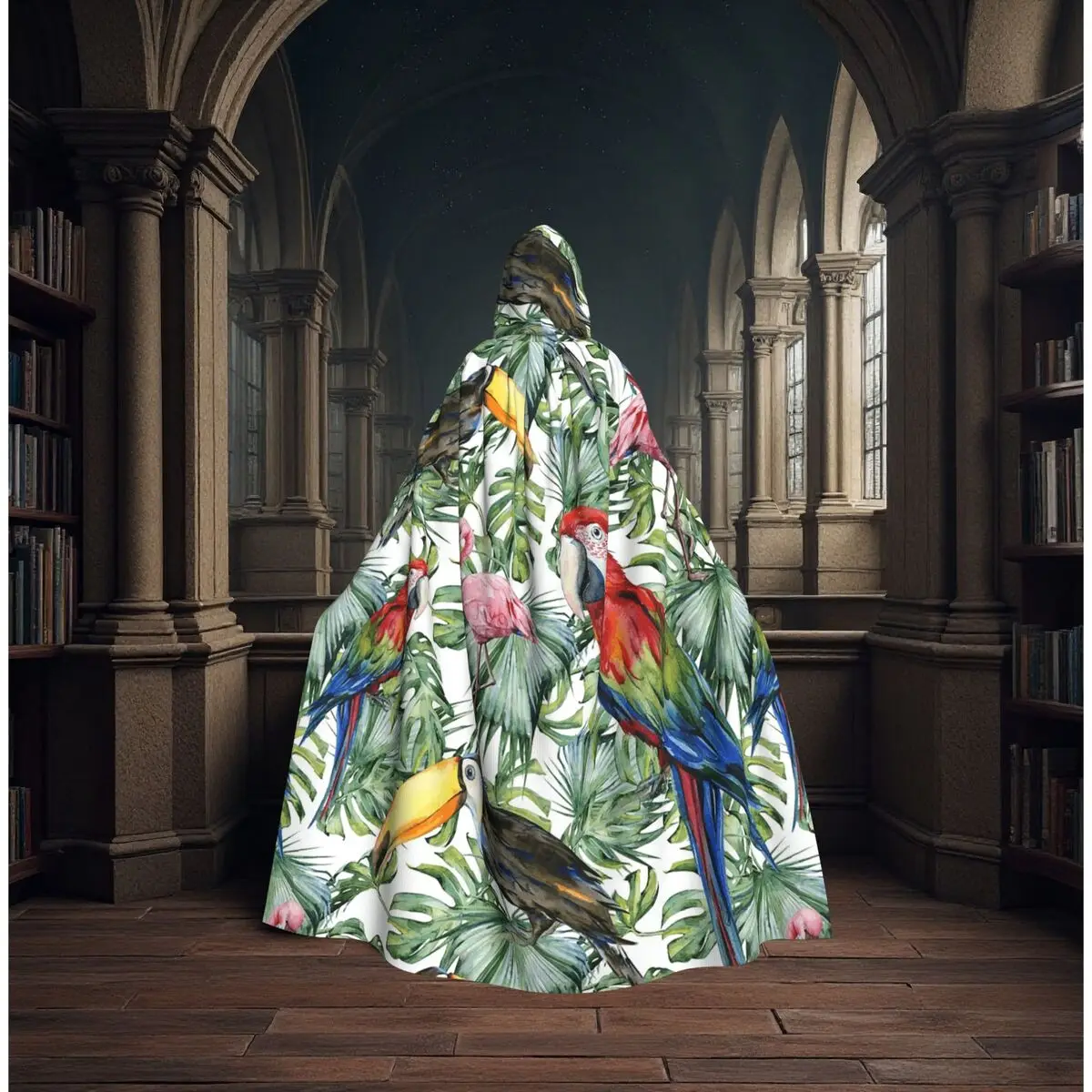 

Parrot Tropical Jungle Pattern Long Hooded Cloak Witch Medieval Costume Cosplay Cape HalloweenParty Adult Unisex