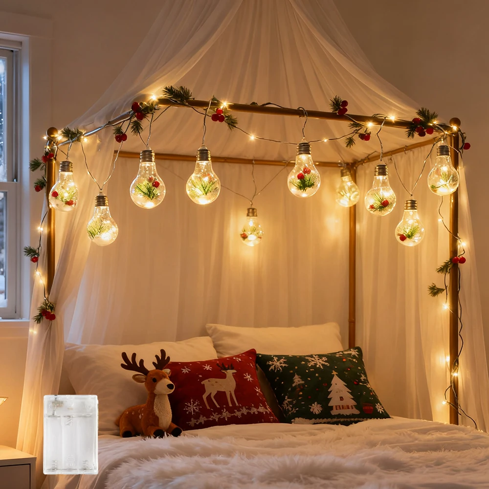 1pc Christmas Bulbs String Light,10 Bulbs Red Fruits Pine Needles Christmas Theme Decoration (Shipping Without Battery Included)