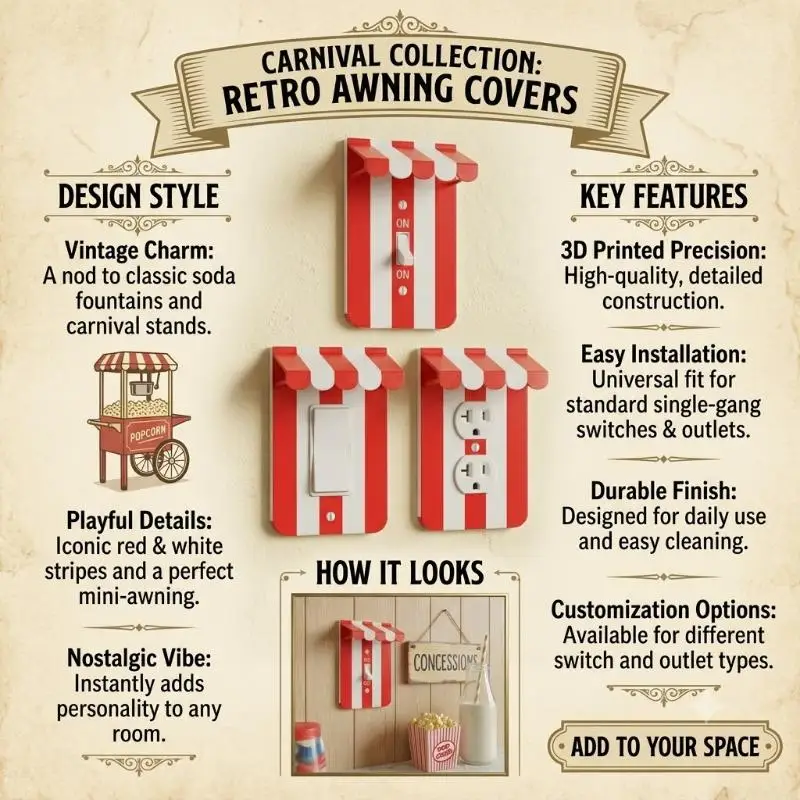 Red White Carnival Awning Switch Plate Cover 3D Printed Decor Socket Frame Vintage Wall Decor For Home Bedroom Living Room Deco