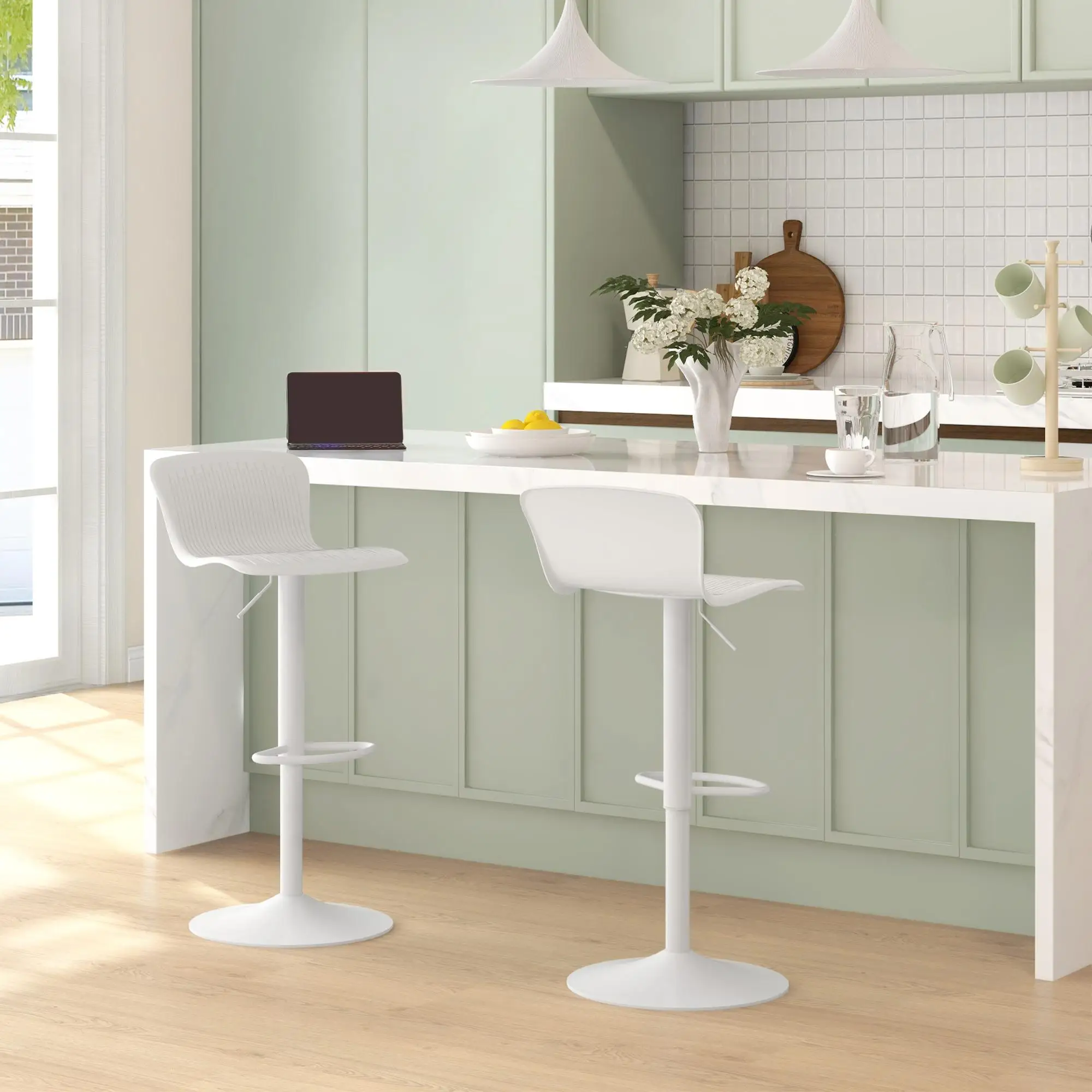 Ensemble de 2 tabourets de bar avec dossier, 360 °   Pouf pivotant et réglable en hauteur 57-78 cm, base en polypropylène et métal Blanc