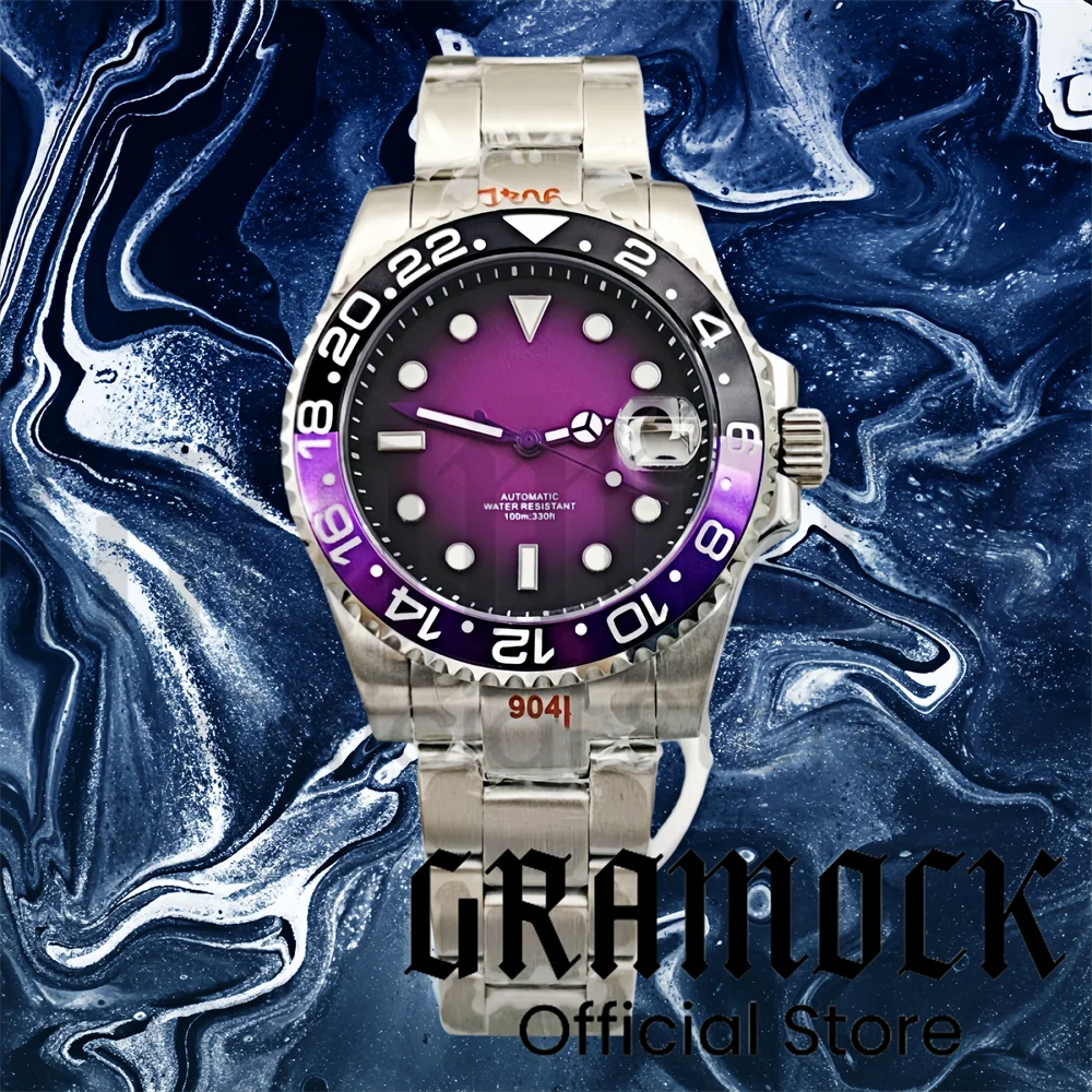 Gramock 40mm Stainless Steel Case With Sapphire Glass Gradient Purple/Gold Green Luminous Dial NH35 waterproof watch for Men