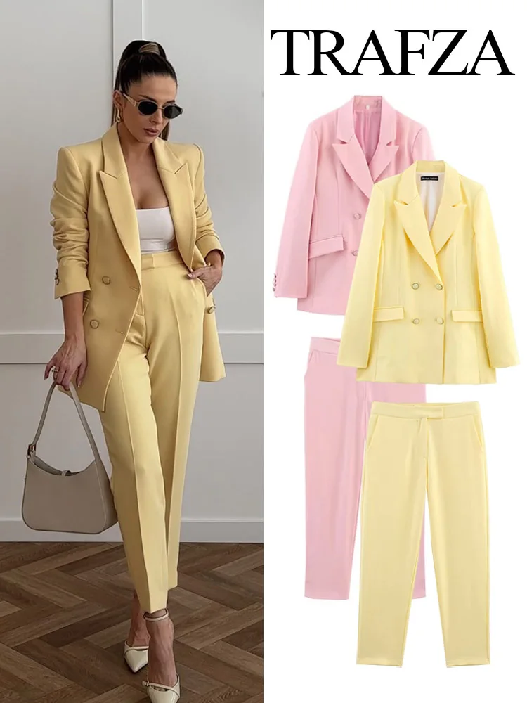 

TRAFZA Women Blazer Suit Elegant Chic Solid Lapel Double-Breasted Pocket Casual Jacket Coat+Fashion High Waist Zipper Long Pants