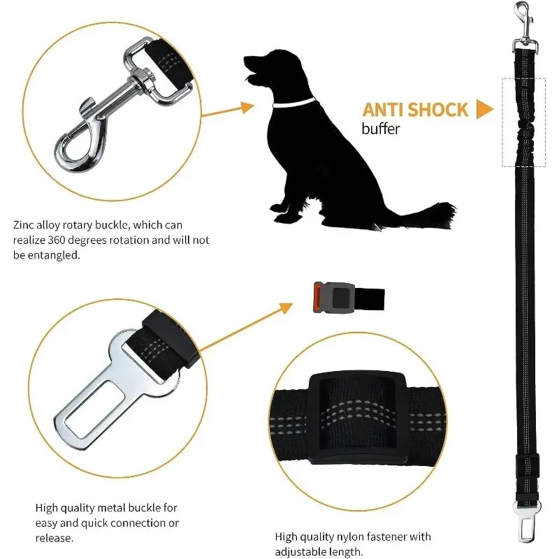 1Pc Dog Car Safety Belt Pet Vehicle Seat Belt with Shock Absorption Reflective Strip Adjustable Length for Any Dog Black