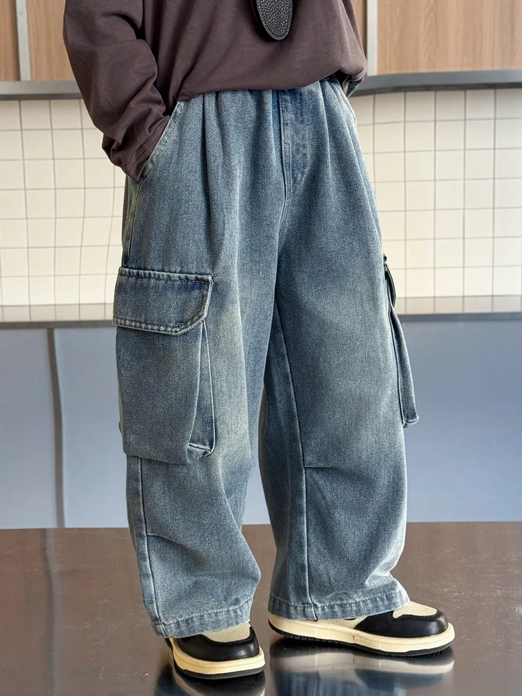 Boys Big Pocket Straight Jeans Street Style Back Pocket Big Pocket Jeans Medium Big Children Handsome Street Trousers 2-11Years