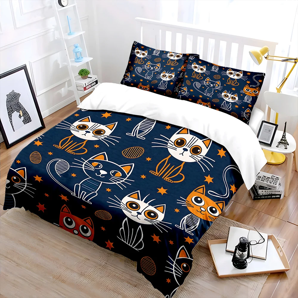 Cartoon cats with orange stars Bedding Set for Kids Luxury Gift 3pcs Digital Print Comforter Set Soft Comfortable Breathable