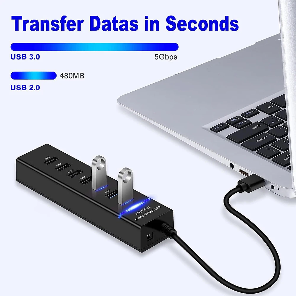 Multi USB Hub Splitter para PC, Cabo Expansor USB, Porta de Carregamento DC, Alta Velocidade, 3 Hab, 4 7 Portas, 3.0, 2.0, 30 cm, 120cm