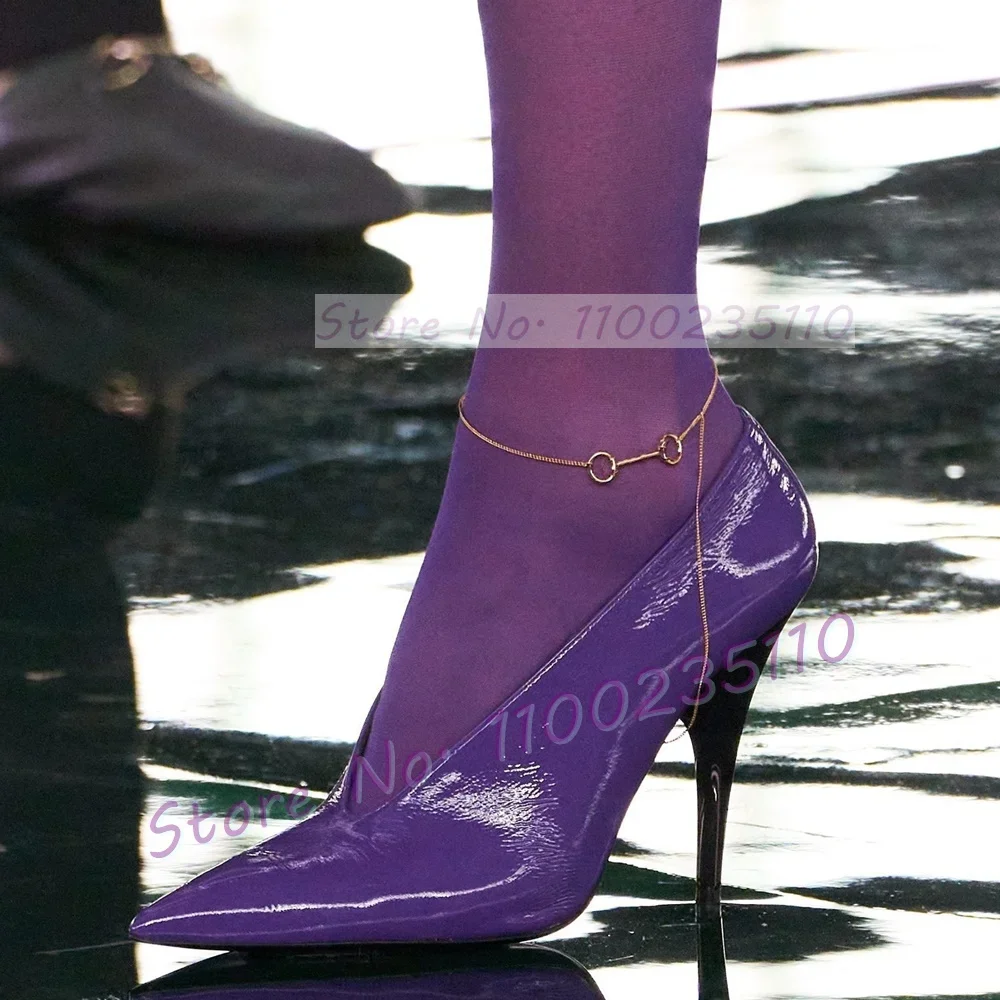 

Metallic Pointy Toe Spike Heel Pumps Women Classic Purple V-shaped Upper High Heel Sexy Ladies Party Slip On Solid Shallow Shoes