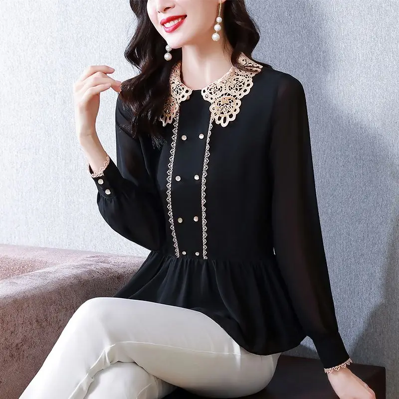 Elegant Lace Spliced Turn-down Collar Shirt Spring Autumn New Long Sleeve Female Clothing Fashion Solid Color Button Slim Blouse