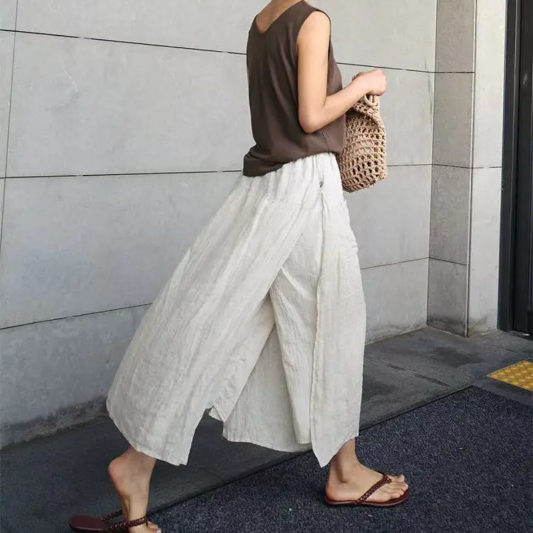 Spring and Summer Women's New Two-piece Splicing Integrated Trouser Skirt Cotton and Linen Casual Pants Wide-leg