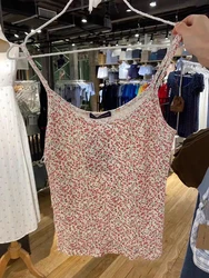 Casual Women Cotton Floral Print Crop Top Summer Lace Trim Sleeveless Ribbed Camis Female Vintage Slim Sweet Tank Tops 2024