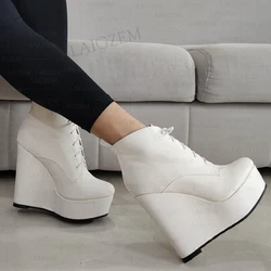 LAIGZEM Women Ankle Boots Platform Wedges Lace Up Faux Leather Short Boots Height Increase Lady Shoes Woman Big Size 41 43 45 52