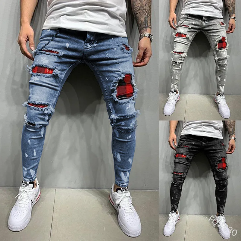 

Ripped Jeans Men Stretch Skinny Grey Blue Black Hip Hop Denim Trousers Streetwear Casual Slim Fit Jeans for Men Jogging jean