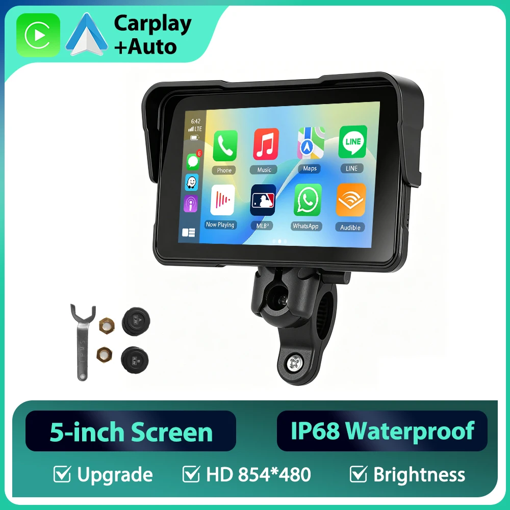 Podofo Motorrad Kabelloses Carplay Android Auto 5'' Smart Screen Player IP68 Wasserdicht Reifendrucküberwachung Helligkeitseinstellung