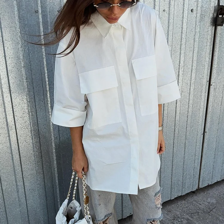 

Fashion Loose White Cotton Women's Blouse Casual Lapel Short Sleeve Shirts Elegant Classic Pockets Tops Female Clothing