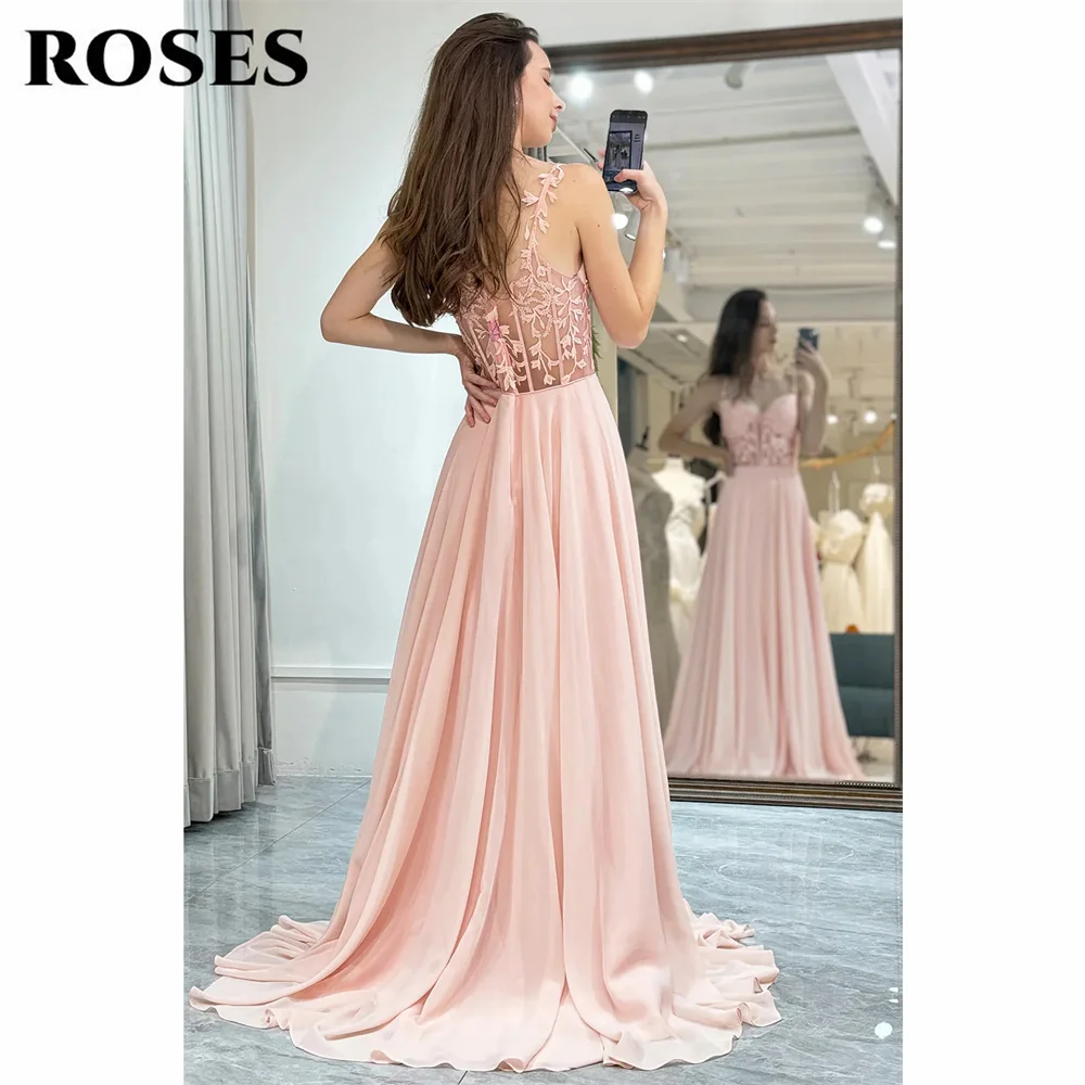 ROSES Light Pink Prom Dress Sweetheart Sleeveless Chiffon Evening Dress Backless Long Corset Party Dress With Appliques 프롬드레스