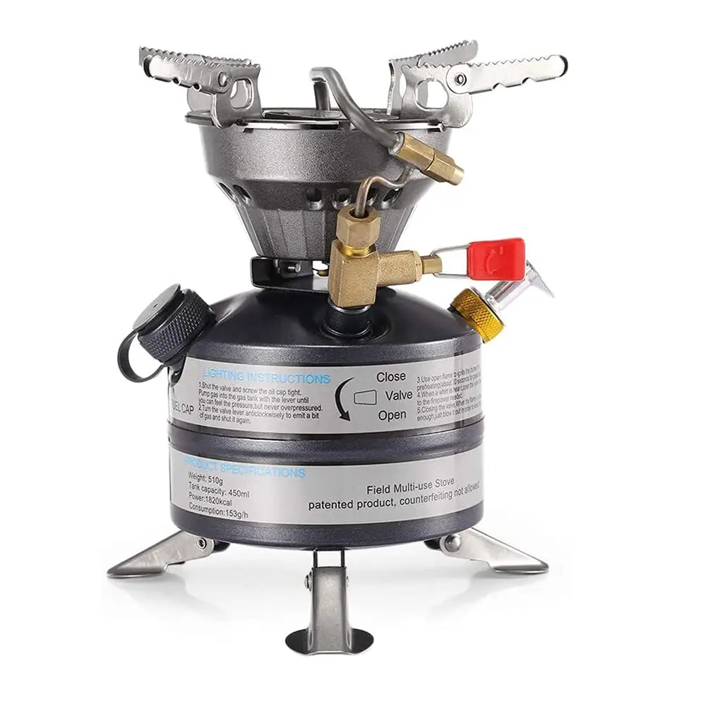 

Foldable Steel Multi Fuel Stove for Liquid Fuel Oil Gas Gasolines in Outdoor Camping Wild Field Cooking with Manual Application