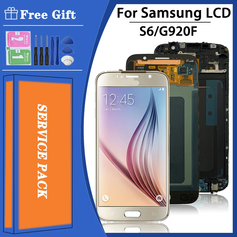 شاشة لمس سوبر أموليد lcd لسامسونج s6 g920 g920i g920f g920f g920w8 ، مجموعة محول الأرقام مع حرق وظلال