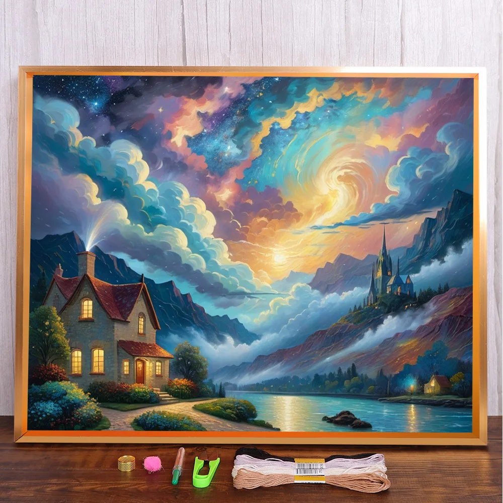 

Landscape House By River Cross-Stitch Complete Kit Embroidery Painting Knitting Hobby Needlework Mulina Wholesale Promotions