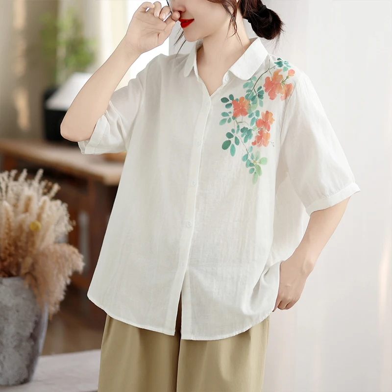 

Summer Thin Cotton Linen Print Shirt Cardigan Women Loose Fit Short Sleeve Casual Style Regular Fabric Content Daily Wear