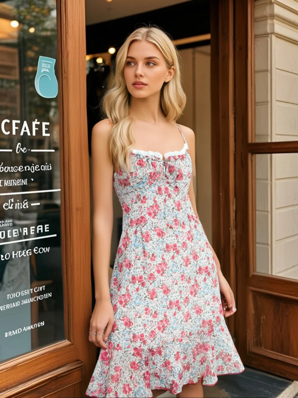 

PB&ZA women's spaghetti strap floral print dress with lace trim, ruffle detail at chest and ruffle hem, pure and girly style