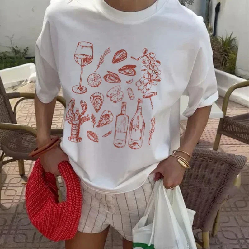 Summer American Ins Women's Retro Seafood Printing T-Shirt Trendy Retro Y2k Oyster Lobster Cute Vacation Half Sleeve Top