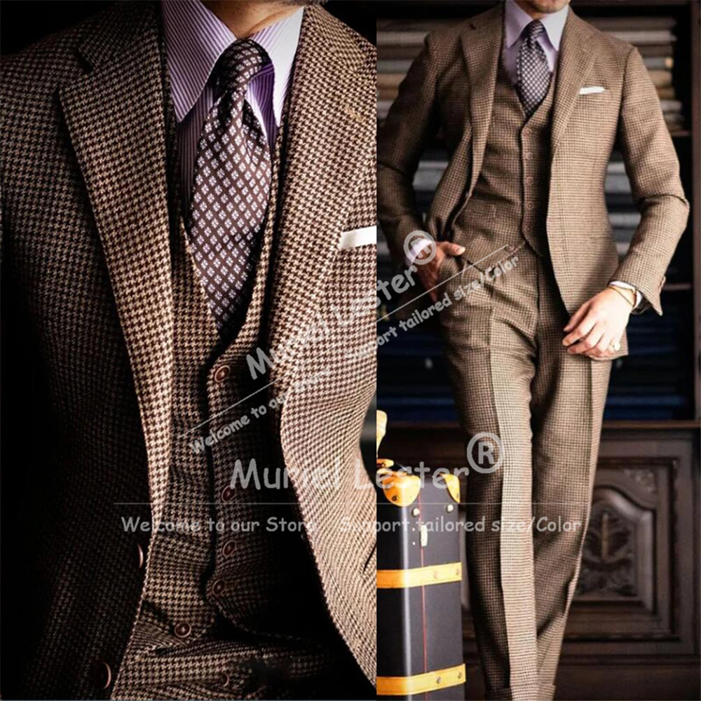 

Мужские костюмы в стиле ретро, однобортный пиджак с узором «гусиные лапки», жилет и брюки, комплект из 3 предметов, смокинги для свадьбы, выпускного вечера, жениха, британский стиль, Ropa Hombre