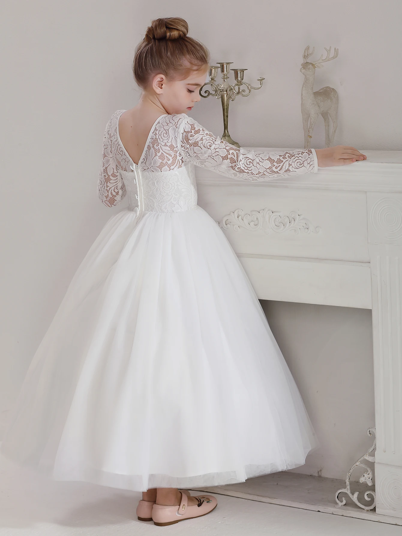 Girls\' Teenage Long Sleeve Lace Dress Wedding White Bridesmaid Evening Gown Long Dress