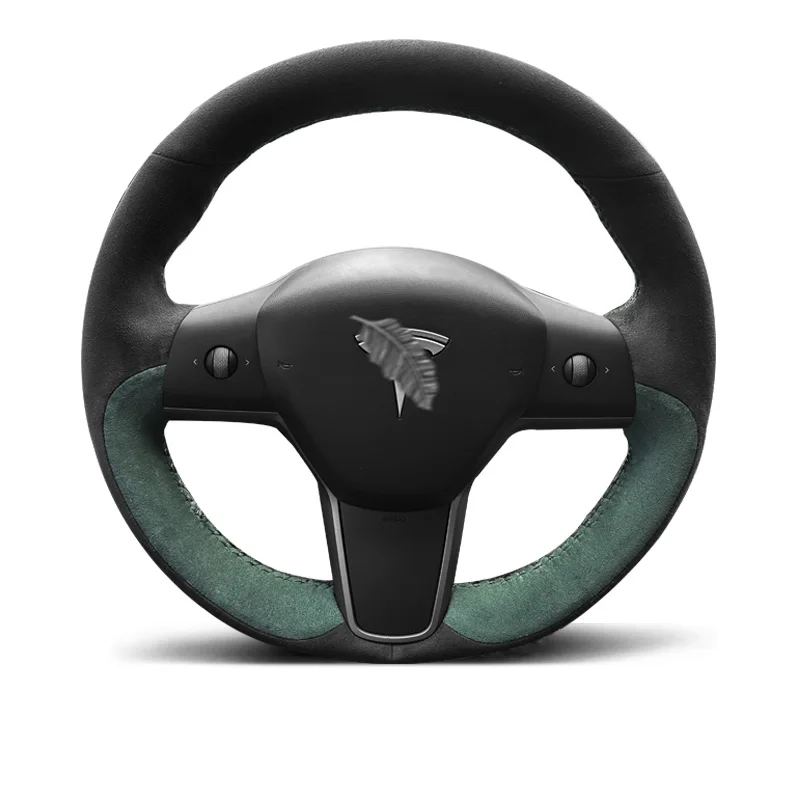 Suede for Tesla Model 3 Model  Y Hand Sewing Car Steering Wheel Cover Protection Shell Interior Car Accessories Grey Green