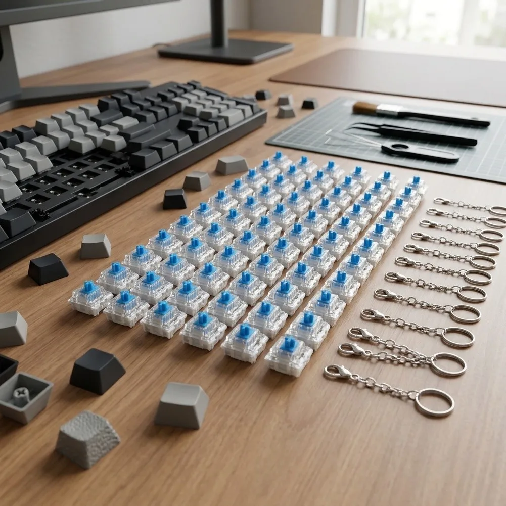 90pcs 3 Pin Mechanical Keyboard Switches Blue Tactile Clicky With Dust Cover For Gaming Typing Replacement Parts Accessories