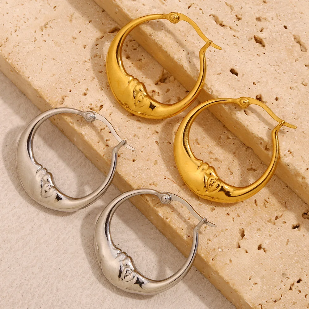 18K Gold Plated Abstract Moon Hoop Earrings for Women Stainless Steel Unique Waterproof Jewelry Charm Statement Earrings Gift
