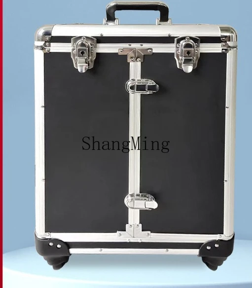 

ZYY push-pull large-capacity portable cosmetic case with tie rod manicurist work repair collision case silver storage case