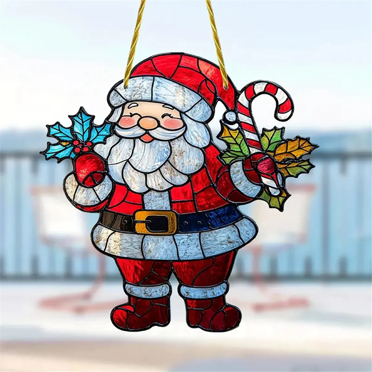 A71P زينة عيد الميلاد سانتا كلوز، ديكورات نافذة أكريليك ملونة مع سلسلة علامات تعليق المعلقات الخارجية #4