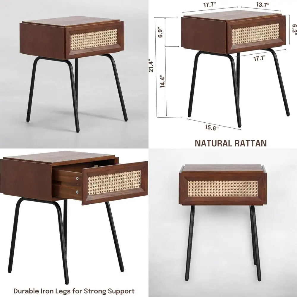 

Тумбочка Lulu середины века с ящиком из массива дуба и натуральным ротанга, приставной столик для спальни, прикроватная мебель для конца